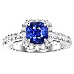Anello di fidanzamento con zaffiro Halo. cuscino da 3.50 carati e diamanti rotondi