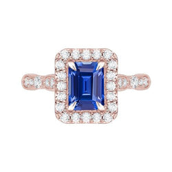 Anello di fidanzamento con zaffiro blu 3 carati taglio smeraldo in oro rosa Milgrain