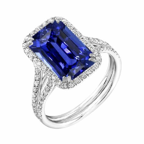 Anello di fidanzamento con zaffiro blu Halo Set 4.50 carati con fascia di diamanti - harrychadent.it