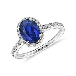 Anello di fidanzamento con zaffiro blu e diamante Halo 2,25 carati oro 14 carati