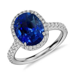 Anello di fidanzamento con zaffiro blu ovale da 2,90 carati e diamante rotondo WG 14K