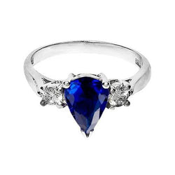 Anello di fidanzamento con zaffiro blu pera da 4,20 carati e tre pietre di diamante