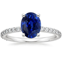 Anello di fidanzamento da donna con zaffiro blu e pavé di diamanti 5.25 carati