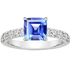 Anello di fidanzamento da donna in oro Set di griffe Asscher Blue Sapphire 2.75 carati