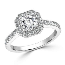 Anello di fidanzamento in oro bianco 14 carati con diamanti asscher e taglio rotondo da 3,50 ct