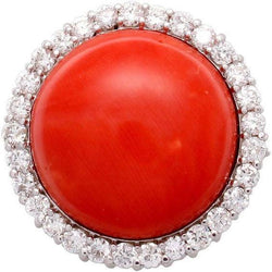Anello di fidanzamento in oro bianco 14K 15 carati con corallo rosso e diamanti