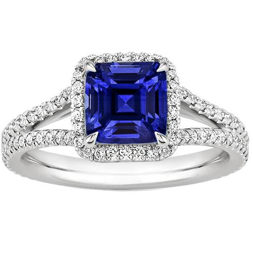 Anello di fidanzamento in oro con diamante Halo 3.25 carati con zaffiro blu Asscher - harrychadent.it