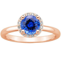 Anello di fidanzamento rotondo da donna Halo Blue Sapphire Rose Gold 2.50 carati