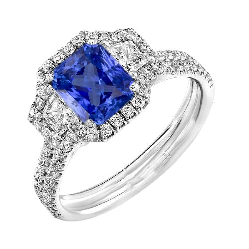 Anello di fidanzamento rotondo e trapezoidale con diamante Halo e zaffiro 4 carati - harrychadent.it