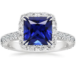 Anello di pietre preziose con diamante Halo Set di 6 carati con zaffiro di Ceylon Princess Pave