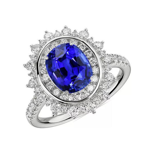 Set di castoni con anello in zaffiro blu ovale con doppio alone. 4 carati. stile stella - harrychadent.it