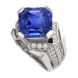 Anello fantasia blu zaffiro diamante 4.50 carati Asscher e oro taglio rotondo