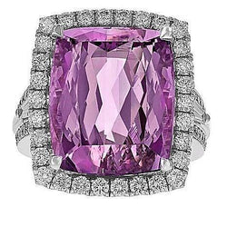 Anello fantasia diamante taglio cuscino Kunzite rosa oro bianco 16.20 carati