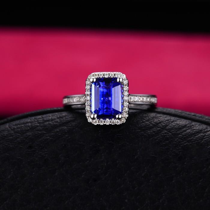 Gioiello anello con zaffiro e diamanti taglio smeraldo. oro 2.40 ct 14K - harrychadent.it