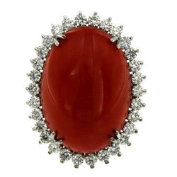 Anello grande corallo rosso ovale con piccoli diamanti rotondi 13 ct Anello in oro bianco 14K