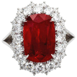 Anello grande rubino rosso taglio cuscino con diamante oro bianco 14 carati 7.25 ct