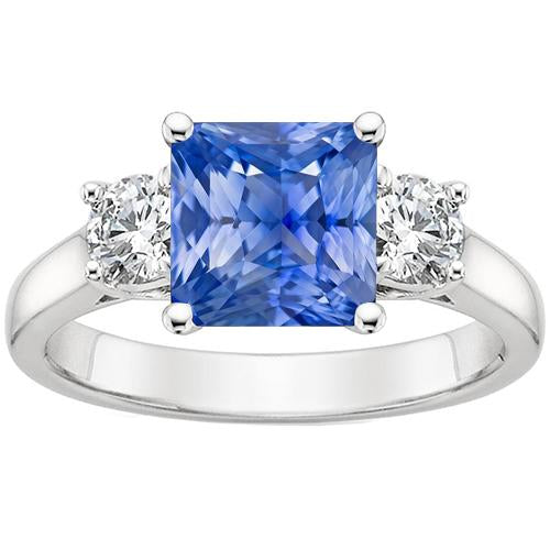 Anello in oro 14 carati con zaffiro blu di Ceylon 4 carati e diamante rotondo 3 pietre - harrychadent.it