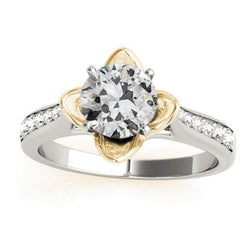Anello in oro 14k con diamante taglio antico rotondo stile fiore 2,75 carati bicolore