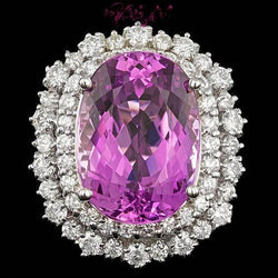 Anello in oro bianco 14 carati con kunzite rosa naturale e diamanti da 21 carati
