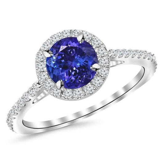 Anello in oro bianco 14 carati con tanzanite a taglio rotondo e diamanti da 9.85 ct - harrychadent.it