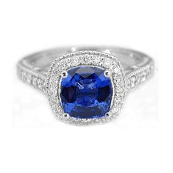 Anello in oro bianco 14K con zaffiro blu di Ceylon da 3,70 ct e diamante