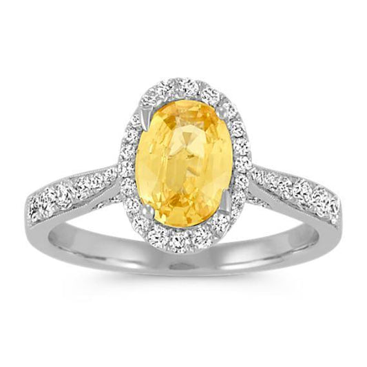 Anello in oro bianco 14 carati con zaffiro giallo ovale e diamanti rotondi da 4.50 ct - harrychadent.it