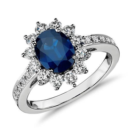 Anello in oro bianco 14 carati con zaffiro ovale blu e diamanti rotondi da 1.70 carati - harrychadent.it