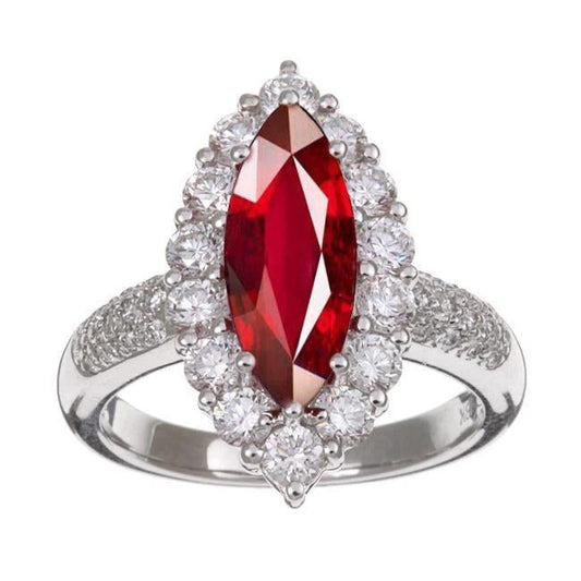 Anello in oro bianco 14 kt con rubini taglio marquise rosso da 10.50 ct con diamanti - harrychadent.it