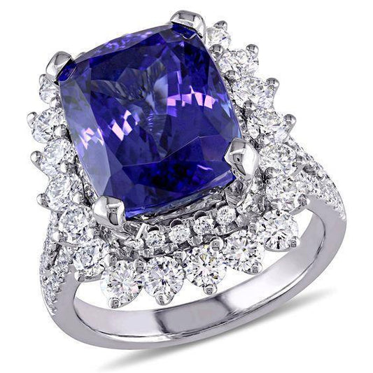 Anello in oro bianco 14K con tanzanite grande e piccoli diamanti da 7.75 carati - harrychadent.it
