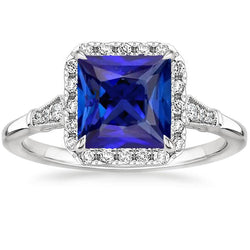 Anello in oro bianco 6 carati con diamante Halo e zaffiro di Ceylon in stile antico
