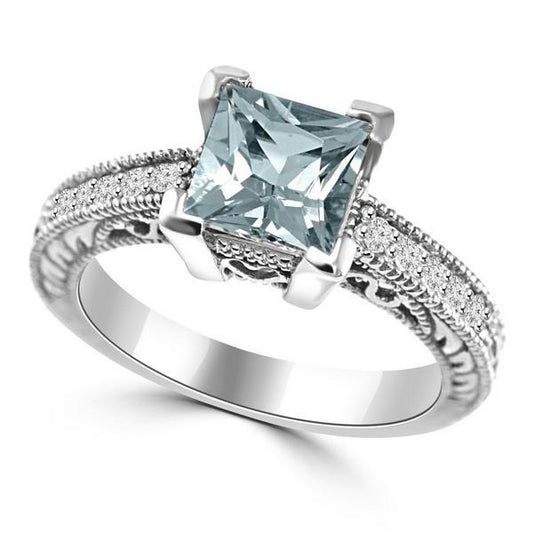 Anello in oro bianco con acquamarina taglio princess con diamanti rotondi 16 ct - harrychadent.it