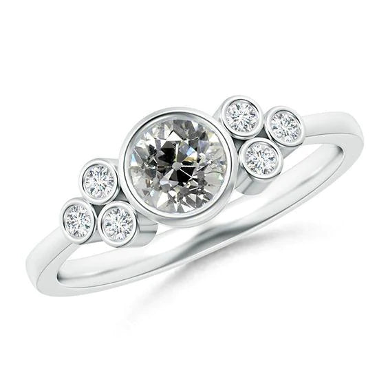 Anello in oro bianco con diamanti a forma di bolla con castone rotondo, gioielli di taglio antico, 2,10 carati
