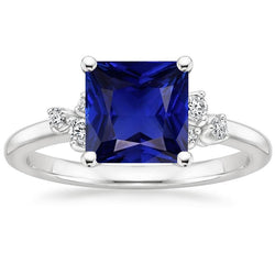 Anello in oro bianco con diamanti e pietre preziose 6 carati con zaffiro blu taglio principessa