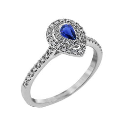 Anello in oro bianco con doppio anello di diamanti. pera. zaffiro blu 2.50 carati