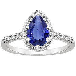 Anello in oro bianco con pietre preziose Halo. 6 carati. taglio a pera. zaffiro blu