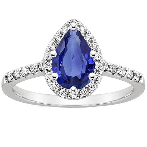 Anello in oro bianco con pietre preziose Halo. 6 carati. taglio a pera. zaffiro blu - harrychadent.it