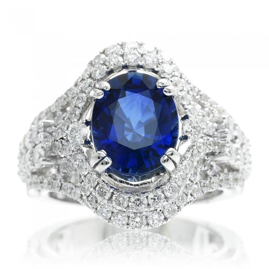 Anello in oro bianco con zaffiro dello Sri Lanka di 5 carati ovale di Ceylon con diamanti 14K - harrychadent.it