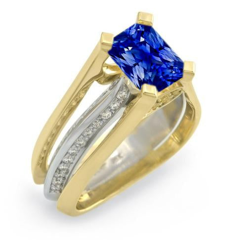 Anello in oro bicolore con diamante zaffiro radiante di Ceylon 3 carati con gambo diviso - harrychadent.it