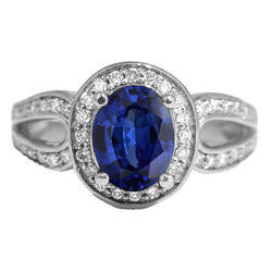Anello in oro con alone ovale SriLanka Zaffiro con gambo diviso e diamanti 4 carati