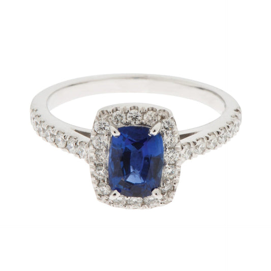 Zaffiro Cuscino Con Diamante Tondo 3.90 Ct. Anello Oro Bianco 14K - harrychadent.it