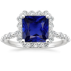Anello in oro con diamanti Halo Flower Style Princess Blue Sapphire 6.25 carati