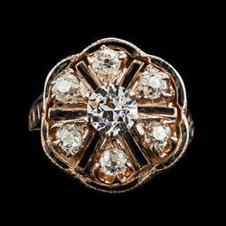 Anello in oro con diamanti a taglio antico in miniera con onice nero stile fiore 4.50 carati