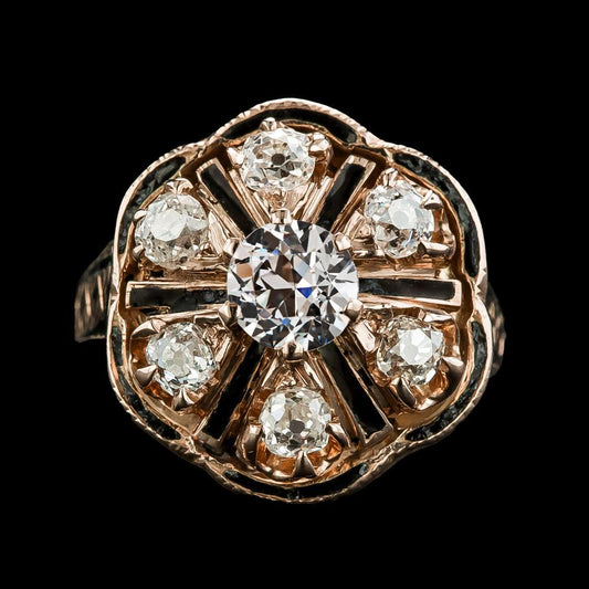 Anello in oro con diamanti a taglio antico in miniera con onice nero stile fiore 4.50 carati - harrychadent.it