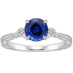 Anello in oro con tre pietre Zaffiro rotondo di Ceylon e diamante 2.50 carati Nuovo