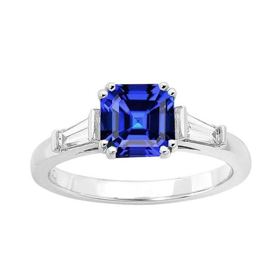 Anello in oro con tre pietre di zaffiro Asscher 2.50 carati di diamanti baguette - harrychadent.it