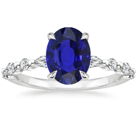 Anello in oro con zaffiro blu ovale e diamante taglio marquise e taglio rotondo 6 carati Nuovo - harrychadent.it