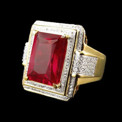 Anello in oro giallo 14 kt con rubino rosso taglio smeraldo grande da 13 ct con diamanti