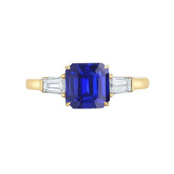 Anello in oro giallo con diamante 2 carati zaffiro Ceylon taglio Asscher 3 pietre