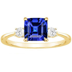Anello in oro giallo con diamante rotondo e cuscino zaffiro blu 2.75 carati Nuovo