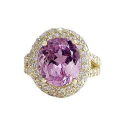 Anello in oro giallo con kunzite rosa naturale e diamanti. gioielleria raffinata 23 ct